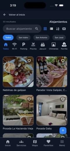 Captura de Galipán APP: listado en modo oscuro.